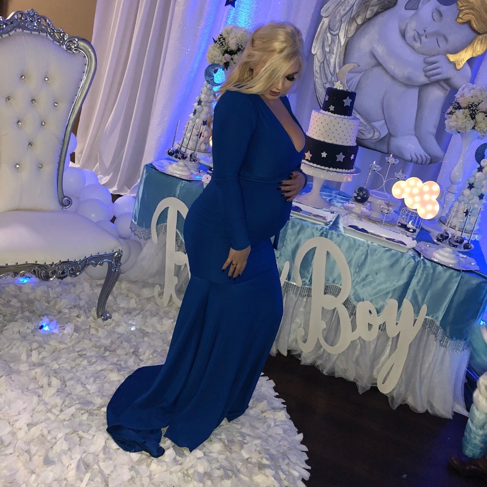 Royal blue long sleeve, v neck, mermaid gown